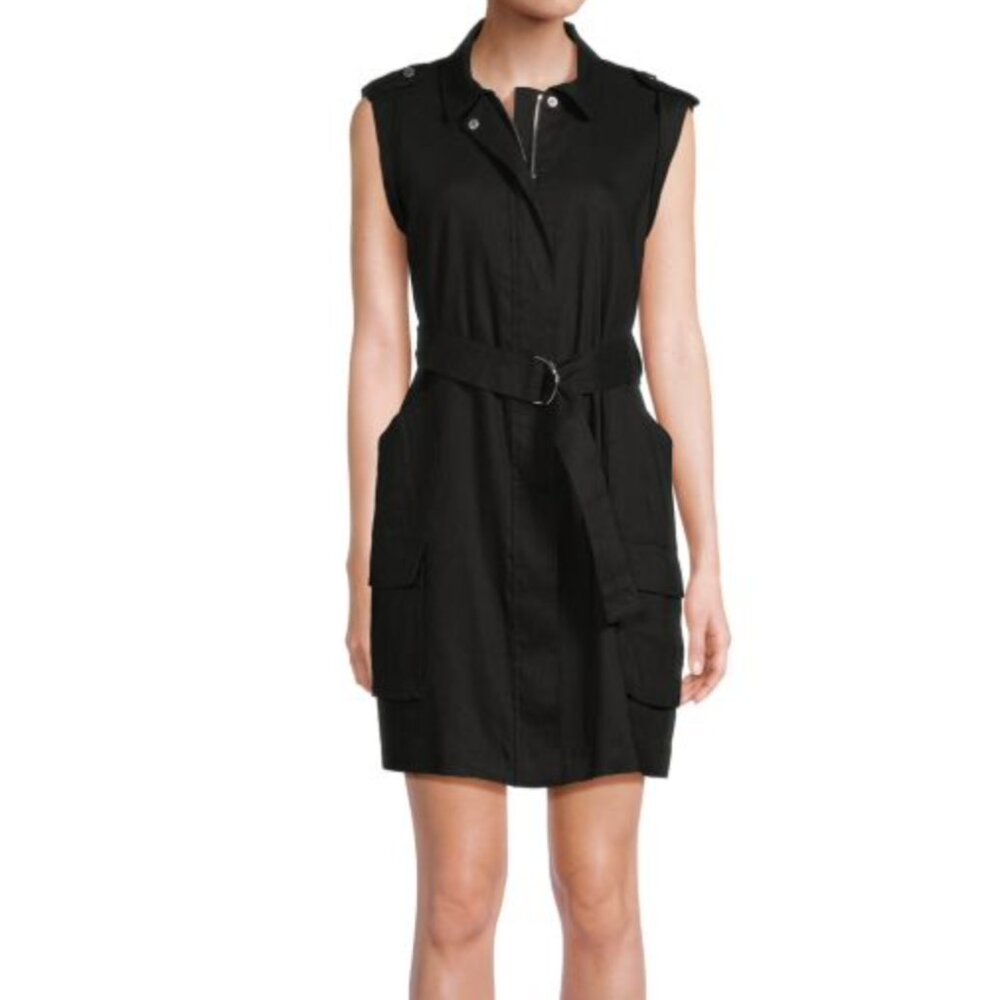 Calvin Klein Women's Black Linen Zip Front Belted Dress Size: S